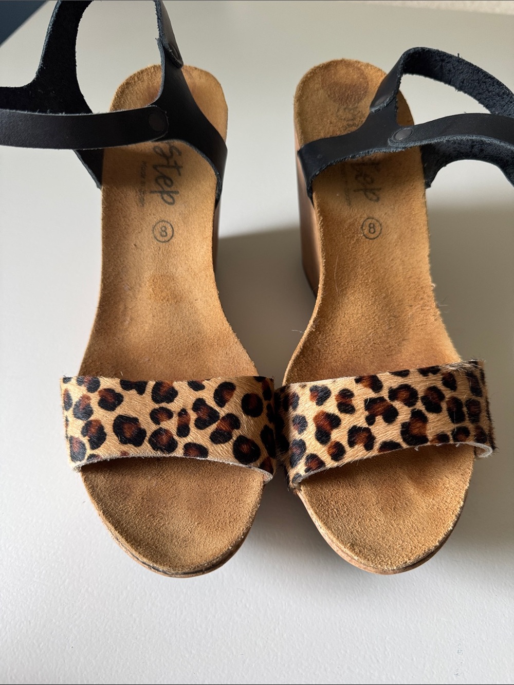 Women's Leopard Print Wedge Sandals with Black Ankle Strap